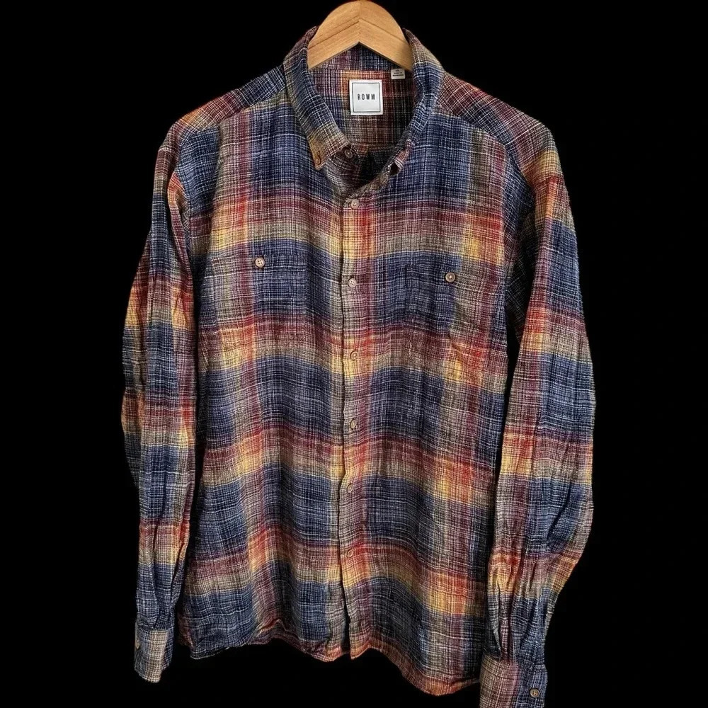 Rowm Mens XL Multi Color Woven Button Down Shirt 100% Cotton Blue‎ Red Gold Fall